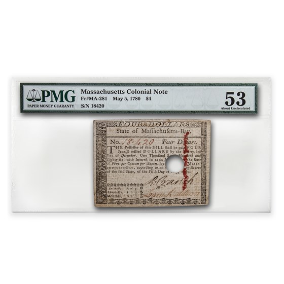 1780 $4 Massachusetts Currency 5/5/1780 AU-53 PMG (Cancelled) 1780 $4 Massachusetts Currency 5/5/1780 AU-53 PMG (Cancelled)